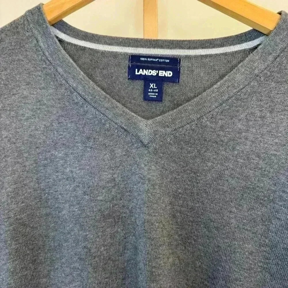 Lands' End Men's V-Neck Pullover Sweater XL Gray Casual Fall